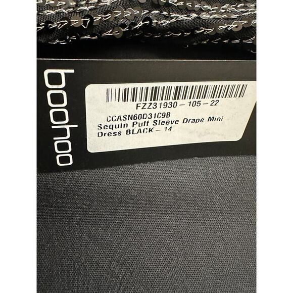 NWT Boohoo Size 14 Black Sequin Puff Sleeve Draped Mini Birthday Dress Party - Picture 8 of 16